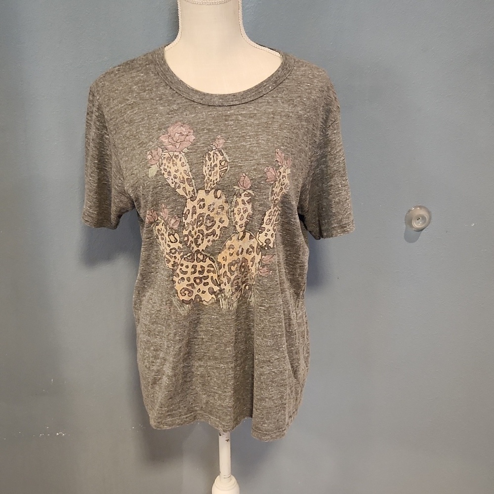 Alternative Earth boho Grunge Distressed Fadded floral cactus Leporard Print Top